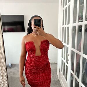 Fashion Nova Strapless Red Sequin Dress